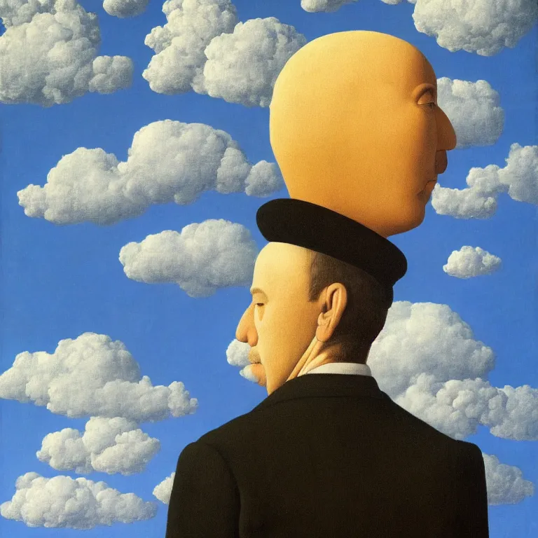 Prompt: portrait of a man whos head is made of clouds, by rene magritte, detailed painting, hd, hq, high resolution, high detail, 4 k, 8 k