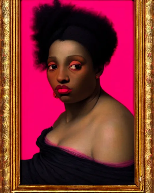 Image similar to photo-realistic portrait of black woman with pink hair, wearing a neon red dress by Vivienne Westwood, intricate details, masterpiece, in the style of Jean Auguste Dominique Ingres, black background