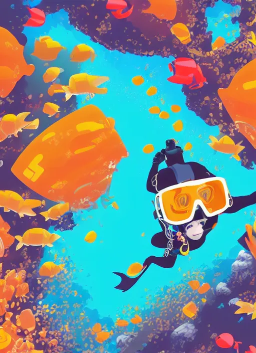 Image similar to Sloth scuba diving. In anime style. Explosions, tilt and orange, ultrawide angle, panoramic, fish eye, colorfull illustration