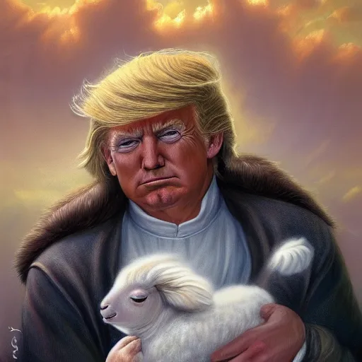 Image similar to a detailed fantasy character painting of Donald Trump holding a lamb, dressed like Jesus Christ, by lauri blank, artgerm, evelyn de morgan, 8K, 50mm lens