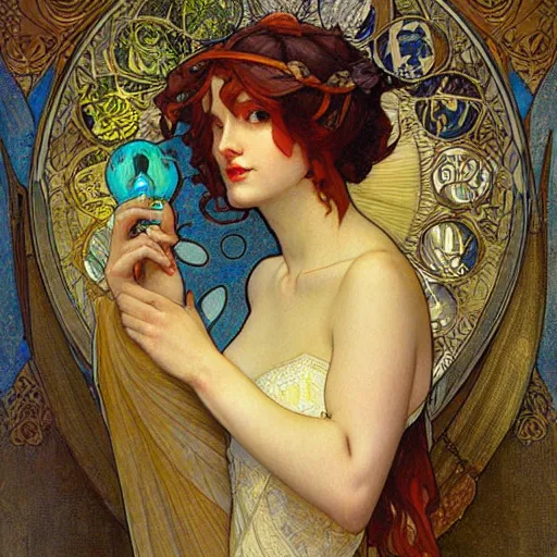 Image similar to romantic painted portrait of cortana by james jean, mucha