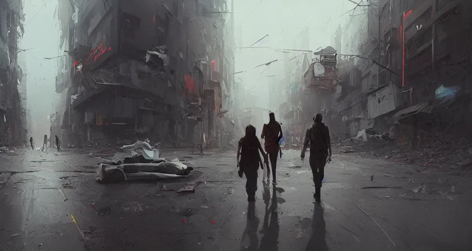 Prompt: a couple of people walking through a dirty city, a detailed matte painting by Ismail Inceoglu, cgsociety contest winner, remodernism, matte painting, apocalypse landscape, concept art