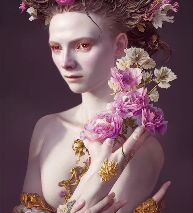 Prompt: baroque portrait of a icelandic princess of porceline skin, full body floral tattoos, cinematic lighting, photorealistic, octane render, 8 k, art by artgerm and greg rutkowski and alphonse mucha and uang guangjian