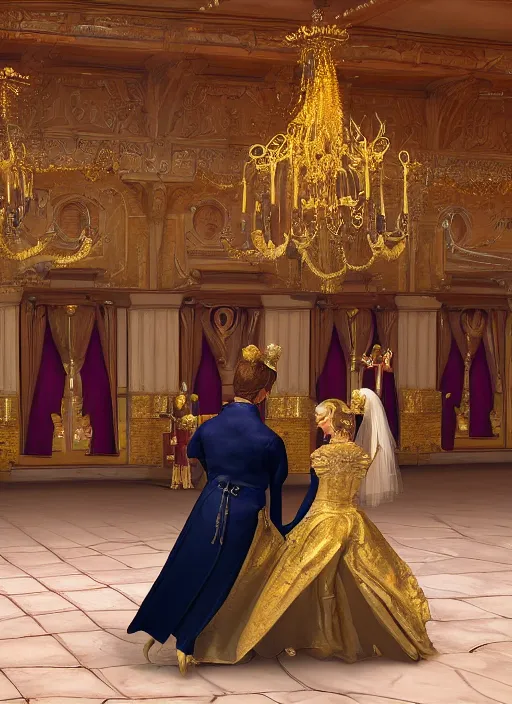 Image similar to highly detailed digital illustration of a newly married medieval king and queen dancing in the grand ballroom of a fantasy castle | fantasy art, cryengine, concept art, photorealism, daz 3 d, sketchfab, zbrush, vray, rule of thirds, golden ratio