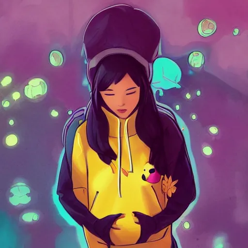 Prompt: An female asian in a Pikachu hoodie exploring purple alien planet by Artgerm and greg rutkowski and alphonse mucha