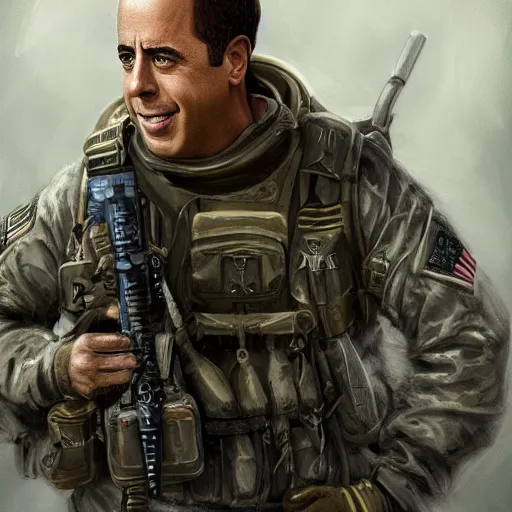 Prompt: Jerry Seinfeld as a navy SEAL, high resolution fantasy concept art, intricate details, soft lighting