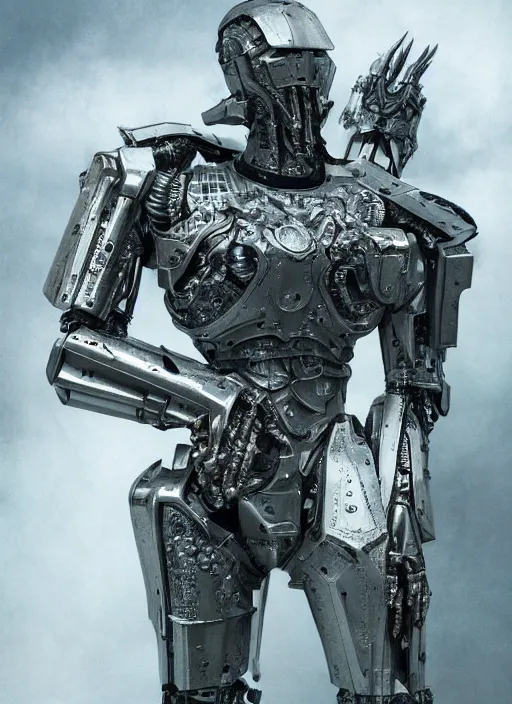 Image similar to portrait of a futuristic silver armored knight district 9 cyborg, modern fine art, fractal, intricate, elegant, highly detailed, digital photography, subsurface scattering, by jheronimus bosch and greg rutkowski,