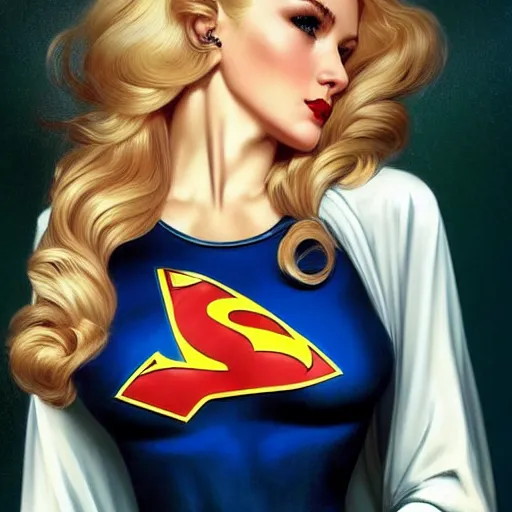 Image similar to a beautiful pin - up portrait of a beautiful cute superhero woman, blonde hair, matte navy - blue bodysuit, white cape, intricate, elegant, 8 k, highly detailed, digital painting, concept art, smooth, sharp focus, illustration, by norman rockwell and artgerm and loish and wlop and alphonse mucha