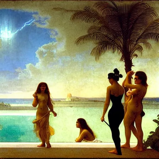 Prompt: Silhouette of five girl at the palace, thunderstorm, greek pool, beach and palm trees on the background major arcana sky, by paul delaroche, alphonse mucha and arnold böcklin arnold böcklin hyperrealistic 8k, very detailed