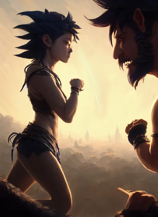 Image similar to highly detailed portrait of barbarians fist bumping in front of swords, lightning in background, video game cover art,, unreal engine, fantasy art by greg rutkowski, loish, rhads, makoto shinkai and lois van baarle, ilya kuvshinov, rossdraws, tom bagshaw, global illumination, radiant light, detailed and intricate environment