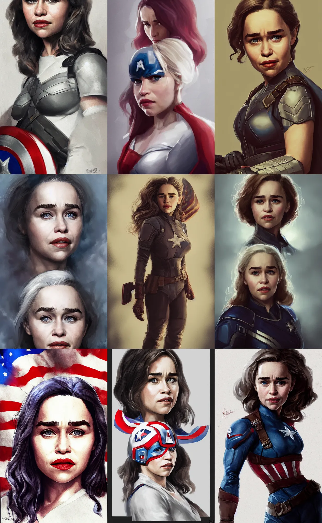 Prompt: a portrait of Emilia Clarke as captain America, rim lit, soft, trending on artstation, instagram