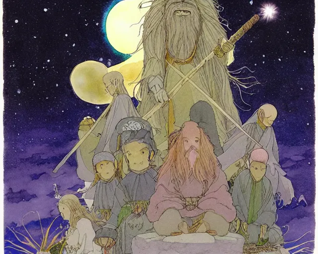 Image similar to a hyperrealist studio ghibli watercolor fantasy concept art of a giant long haired grey witch in lotus position sitting on top of stonehenge with a starry sky in the background. a group of tiny monks are prostrating them themselves. by rebecca guay, michael kaluta, charles vess