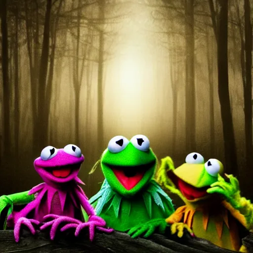 Image similar to demonic muppets in magical forest, kermit, elmo, dark atmosphere, soft lighting, high detail, 8 k