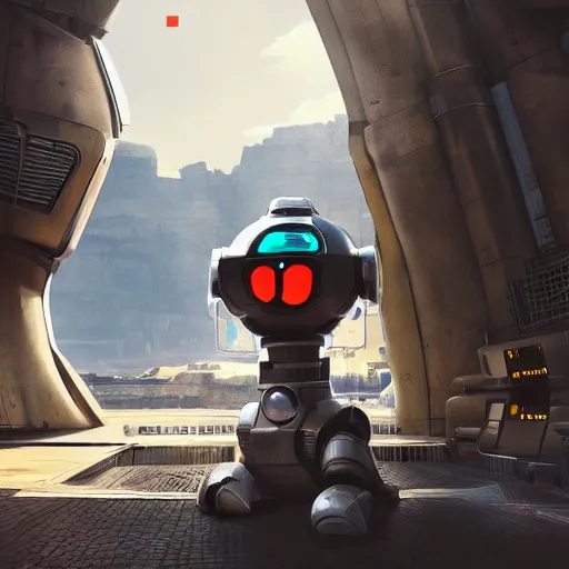 Image similar to friendly robot in front of a clean white sci-fi dome in a pleasant urban setting, peaceful, majestic, a sense of hope, in style of apex legends, art station, ultra hd, soft light, overhead sun, ultra hd, art station