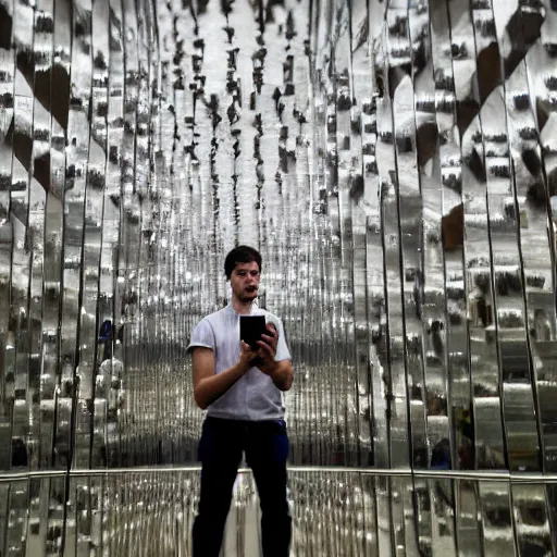 Image similar to a man taking a selfie in front of a large mirror wall, a tilt shift photo by leandro erlich, featured on cg society, kitsch movement, hall of mirrors, high dynamic range, studio portrait