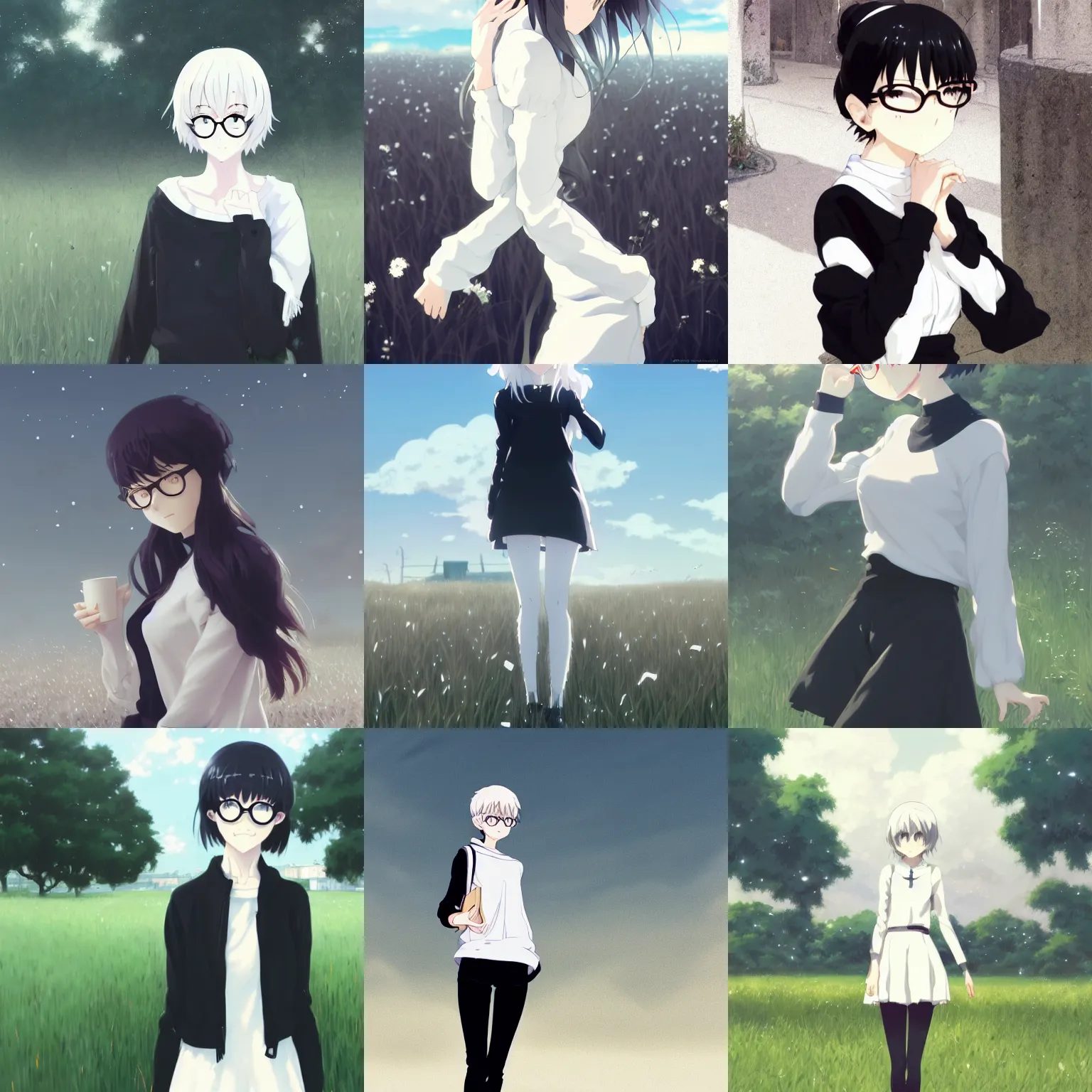 Prompt: cute girl in black sweater white white pale hair white white pale hair white white pale hair black glasses standing full body field background by greg rutkowski makoto shinkai kyoto animation key art feminine wlop smile cat in hands