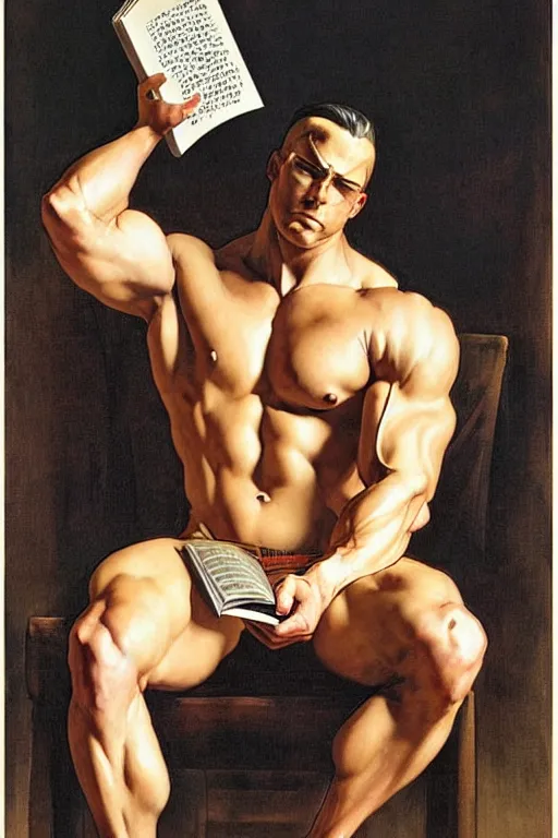 Image similar to attractive man reading book, muscular, painting by j. c. leyendecker, yoji shinkawa, katayama bokuyo