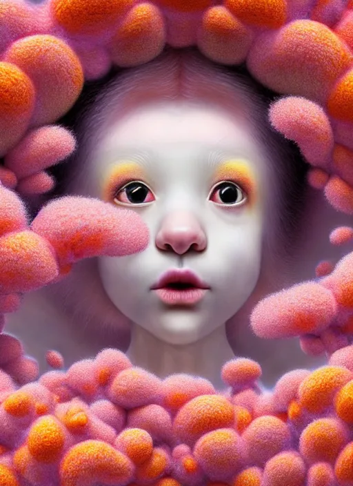 Image similar to hyper detailed 3d render like a Oil painting - kawaii portrait Aurora (coral haired Singer Ferret) seen Eating of the Strangling network of yellowcake aerochrome and milky Fruit and Her delicate Hands hold of gossamer polyp blossoms bring iridescent fungal flowers whose spores black the foolish stars by Jacek Yerka, Mariusz Lewandowski, Houdini algorithmic generative render, Abstract brush strokes, Masterpiece, Edward Hopper and James Gilleard, Zdzislaw Beksinski, Mark Ryden, Wolfgang Lettl, hints of Yayoi Kasuma, octane render, 8k