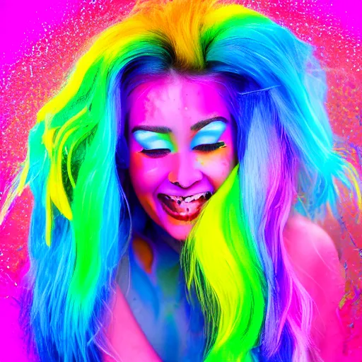 Prompt: smiling woman with rainbow hair and rainbow makeup, viscous rainbow paint, rainbow bg, portrait.