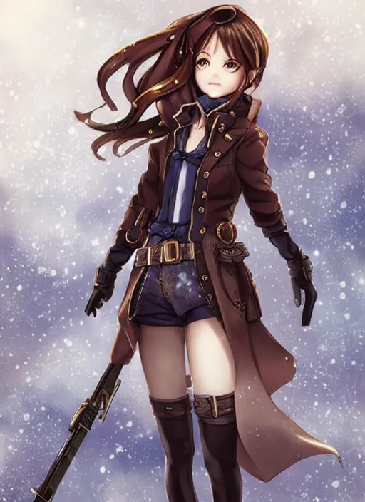 Image similar to girl with steampunk weapons and uniform, serious, intense, finely detailed, made by artgerm, ross tran, full body portrait, illustration, snow, snowing, cloudy, anime, side view, perfect anime face, realistic face, zoomed out, smooth, brown eyes, high waisted shorts