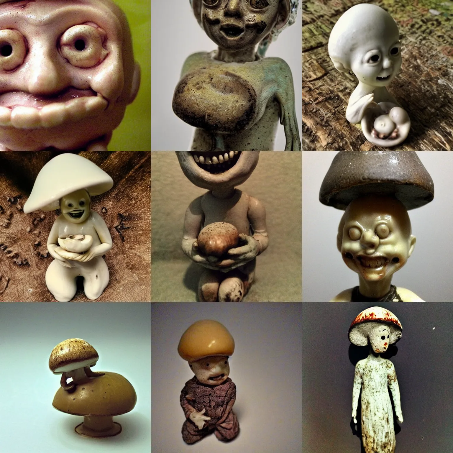 Prompt: smiling! antique! mushroom!!! ceramic figurine, cursed image, eerie horror, unsettling disturbing creepy macro photo, bad quality