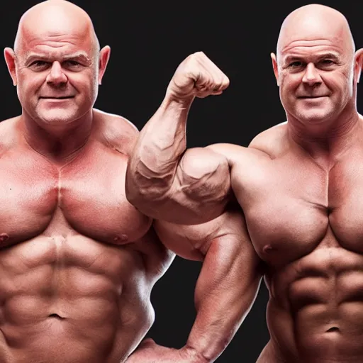 Image similar to phil and grant Mitchell with the physique of a body builder, hyper realistic, ultra detailed, cinematic, dynamic lighting, photorealistic, refined, intricate, digital art, digital painting, masterpiece, 8k