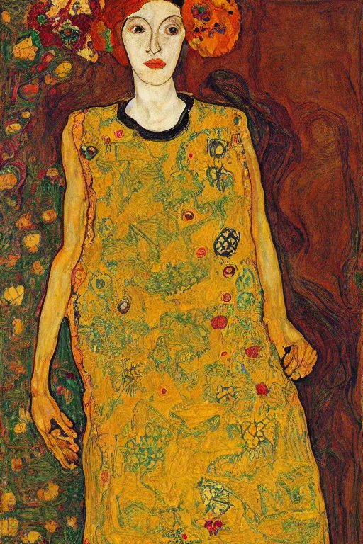 Prompt: girl waer detailed golden arabesque dress with a lot of flowers in persian pot, painting by egon schiele