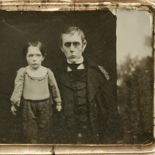 Image similar to creepy cursed daguerreotype portrait photo of a 1800's alien family standing in front of a Victorian house, Hyperrealism. Weirdcore