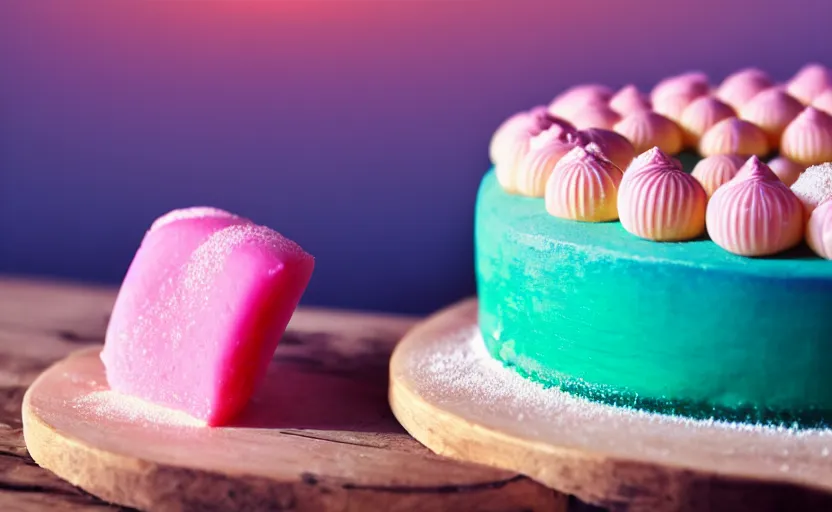 Image similar to A photo of a swedish princess cake from the side on a wooden table, covered with pink marzipan, some powder sugar and a blue marzipan leaf in the center. Sunset. 4K. Cinematic lighting. High detail. Realistic. Delicious.