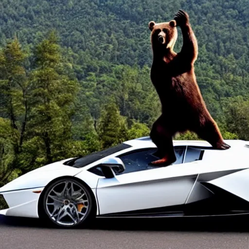 Image similar to bear dancing on the roof of Lamborghini car