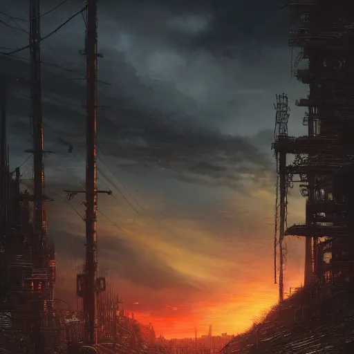 Image similar to a dark foreboding landscape where one single tree grows, amidst broken metal machines, with the sky on fire. Gustave Dore, ponyo and artrift, trending on artstation, cyberpunk, CGSociety, hyperealism, extremely detailed landscape art, 3d render, 4k hd, depth of field, super high def, IMAX.