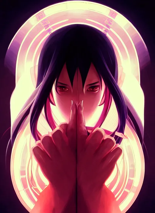 Image similar to symmetry!! itachi, glowing lights!! intricate, elegant, highly detailed, digital painting, artstation, concept art, smooth, sharp focus, illustration, art by artgerm and greg rutkowski and alphonse mucha