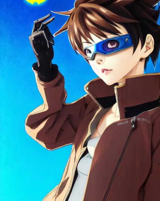 Image similar to Anime as Tracer Overwatch wearing snowboard mask, wearing brown leather coat || cute-fine-face, pretty face, realistic shaded Perfect face, fine details. Anime. realistic shaded lighting poster by Ilya Kuvshinov katsuhiro otomo ghost-in-the-shell, magali villeneuve, artgerm, Jeremy Lipkin and Michael Garmash and Rob Rey as Overwatch Tracer