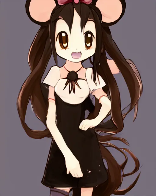 Prompt: A cute wakfu-style frontal painting of a very very beautiful anime skinny mousegirl with long wavy brown colored hair and small mouse ears on top of her head wearing a cute black dress and black shoes looking at the viewer, elegant, delicate, feminine, sharp focus, higly detailed, smooth , pixiv art, ArtStation, artgem, art by alphonse mucha Gil Elvgren and Greg rutkowski, high quality, digital illustration, concept art, very long shot