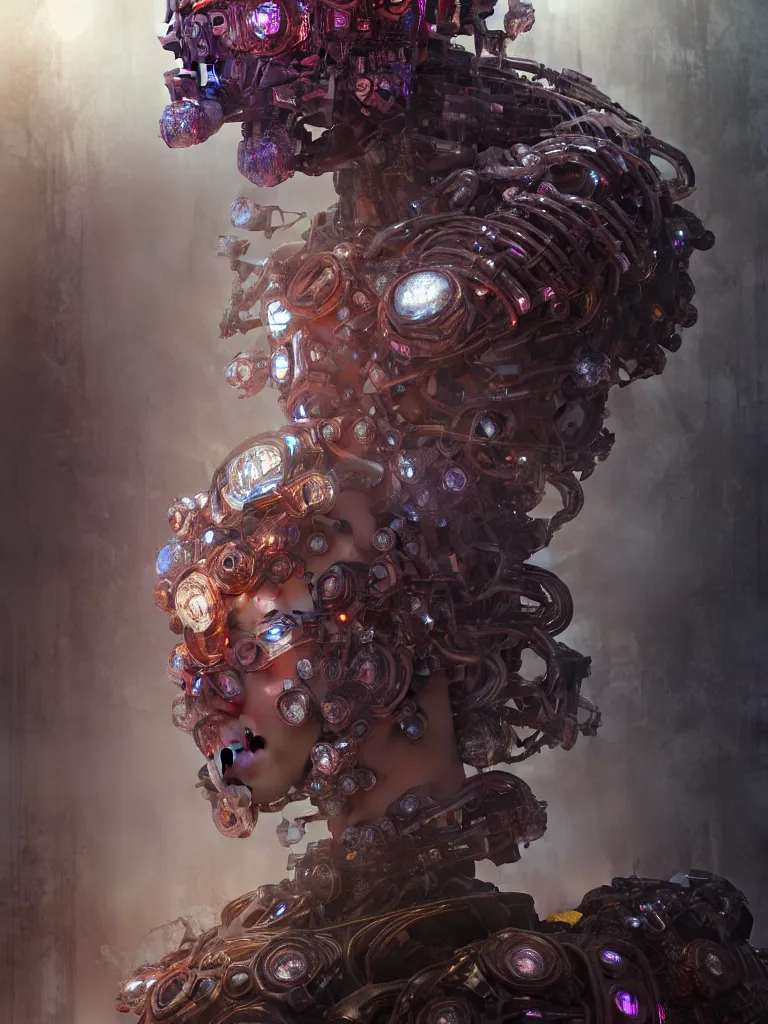 Image similar to asura from chinese myth, ghost, gorgeous and huge head ornaments, dystopian, cyberpunk, organic fractal mycelum and fungi, mecha, halfturn portrait of a big crystal face made of crystals half - turn, ominous, intricate, studio, art by anthony macbain + greg rutkowski + alphonse mucha, concept art, 4 k, sharp focus