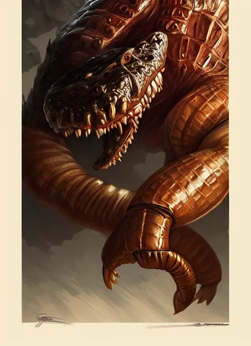 Image similar to portrait of aggressive humanoid crocodile wearing boxing gloves, d & d, muscular! fantasy, intricate, elegant, highly detailed, digital painting, artstation, concept art, smooth, sharp focus, illustration, art by artgerm and greg rutkowski and alphonse mucha