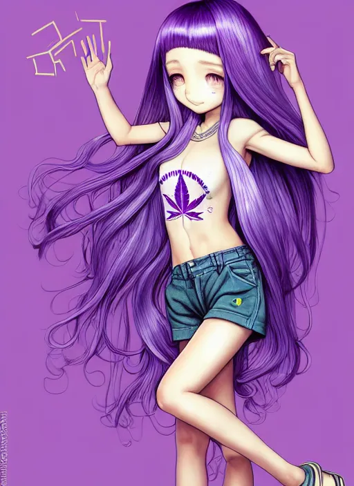 Prompt: richly detailed colored pencil 3 d illustration woman silky straight purple hair with iridescence wearing marijuana logo tshirt and short shorts, she staring at the camera happily art by range murata and artgerm.