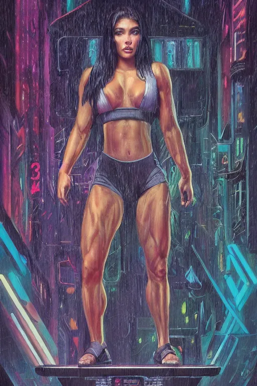 Image similar to body builder, extremely muscular madison beer, in the style of johan grenier and john picacio and alan m. clark, trending on artstation, bioluminescence tilt - shift blade runner 2 0 4 9, crayon art, futuresynth, splash art, post - minimalism