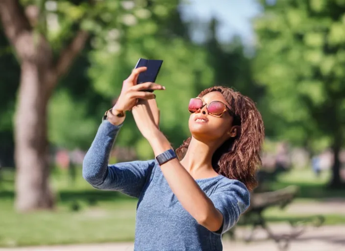 Image similar to photo still of a bronze statue of a woman using an iphone to take a selfie in a park on a bright sunny day, 8 k 8 5 mm f 1 6