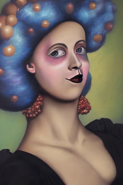 Image similar to hyperrealism oil painting, close - up portrait of commedia dell'arte fashion woman model, gradient mixed with nebula sky, in style of baroque