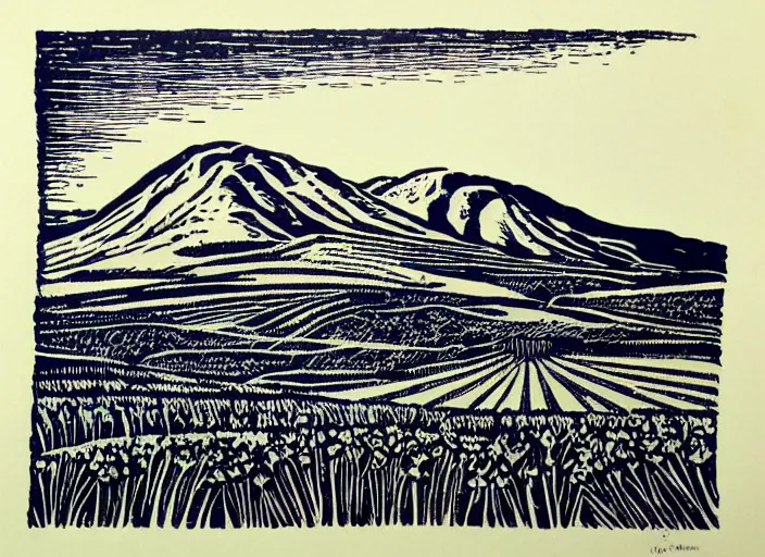 Image similar to a beautiful linocut print on paper of The highlands of Scotland