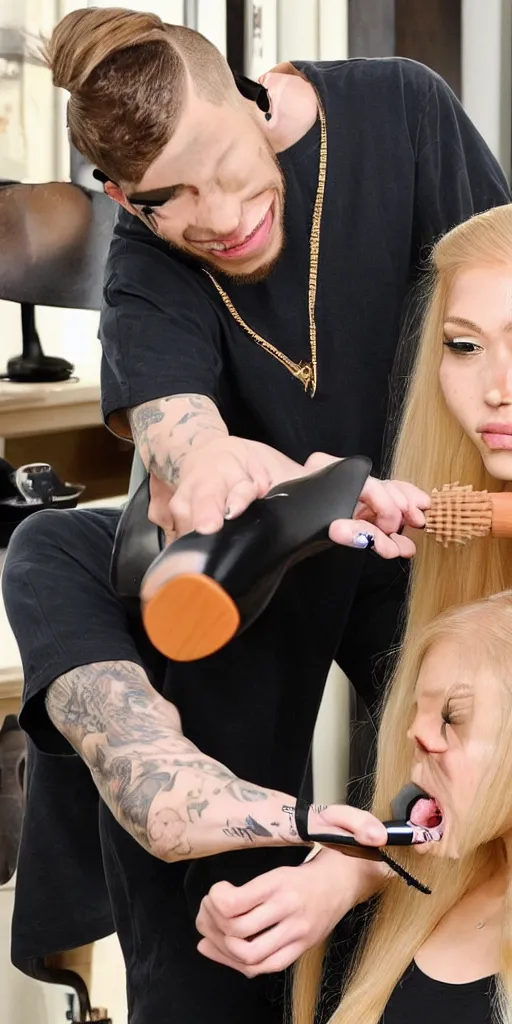 Image similar to pete davidson brushing jessica's long blond hair with a huge hairbrush, comically large hairbrush, ultra - realistic photograph