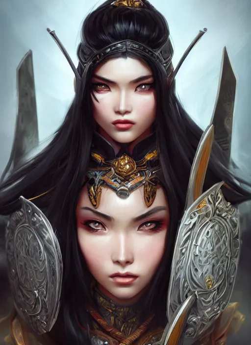 Image similar to a highly detailed illustration of fierce black haired mongol warrior woman with bow, heroic shooting bow pose, perfect hyperdetailed face, intricate, elegant, highly detailed, centered, digital painting, artstation, concept art, smooth, sharp focus, league of legends concept art, wlop.