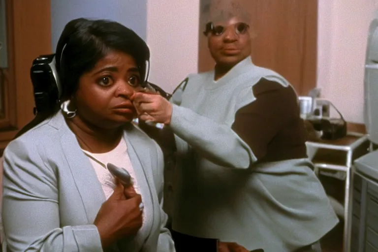 Prompt: screenshot of close up of octavia spencer removes a small hearing device with tweezers from her left ear, iconic scene from the paranoid sci fi thriller film directed by stanley kubrick, apartment set in the near future, cinematic shot with anamorphic lenses, color theory, apartment design, leading lines, photorealistic, volumetric lighting