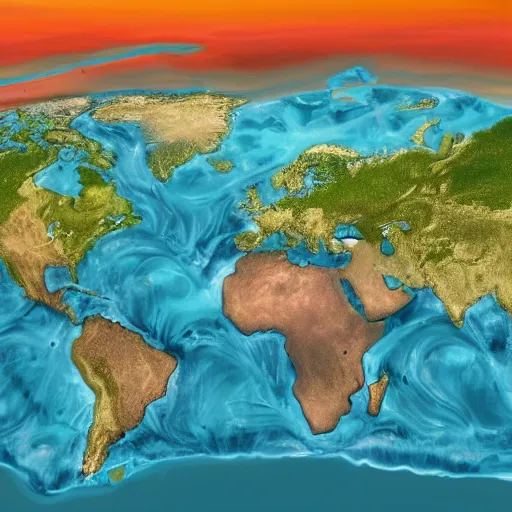 Image similar to imagistic this is a land on an unforgiving world of churning oceans and jagged coastlines. every habitable island is situated somewhere along the planet's equator where the weather is still volatile but more hospitable than any points to the north or south