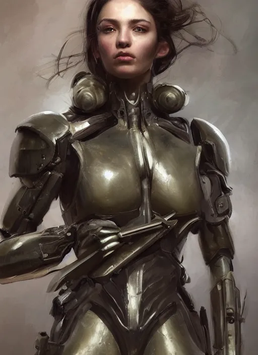 Image similar to a professional painting of a beautiful young female, clothed in military armor, olive skin, long dark hair, beautiful bone structure, symmetrical facial features, intricate, elegant, digital painting, concept art, smooth, sharp focus, illustration, from Metal Gear, by Ruan Jia and Mandy Jurgens and Artgerm and William-Adolphe Bouguerea