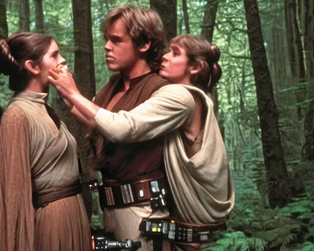 Image similar to luke skywalker, princess leia and han solo hugging and kissing in the forest of endor at the end of return of the jedi