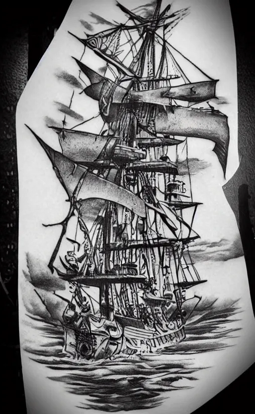 Image similar to A tattoo design on paper of a pirate ship, on paper, black and white, highly detailed tattoo, realistic tattoo, realism tattoo, beautiful shades