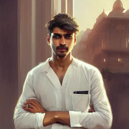 Image similar to Anxious good looking pale young Indian doctors wearing jeans and shirts at the airport, portrait, elegant, intricate, digital painting, artstation, concept art, smooth, sharp focus, illustration, art by artgerm and greg rutkowski and alphonse mucha