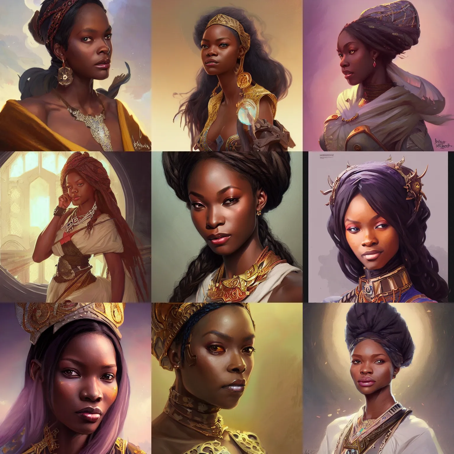 Prompt: nigerian princess, D&D, painted fantasy character portrait, highly detailed, digital painting, artstation, concept art, sharp focus, illustration, art by artgerm and greg rutkowski and alphonse mucha